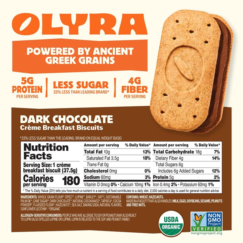 Olyra Creme Breakfast Biscuits - Dark Chocolate - Healthy Snacks for Kids and Adults, Low Sugar, High Fiber, Vegan Organic Cookies - Pack of 4 - Image 2
